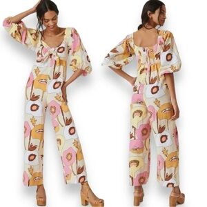 Anthropologie Bel Kazan 100% Cotton Juna Jumpsuit in Retro Floral Print Size Med